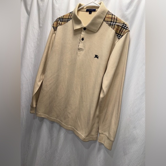 Vintage Burberry London Nova Check Cream Long Sleeve 100% Cotton Polo Shirt Sz M - Picture 8 of 16
